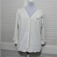White Cardigan Sweater Womens XLarge Vintage Look Floral Corsage Detail Chiffon