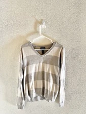 Chaps Longsleeve V-Neck Striped Shirt Size Large Grey/Light Grey