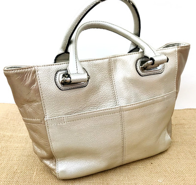 TIGNANELLO Pewter Pearl Pebble Leather Handbag Purse Mini 9''W Double Handle