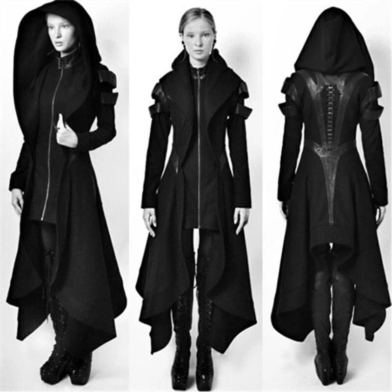 Irregular Women Black Hooded Coat Punk Gothic Cosplay Steampunk Jacket Overcoat - Image 2 of 4