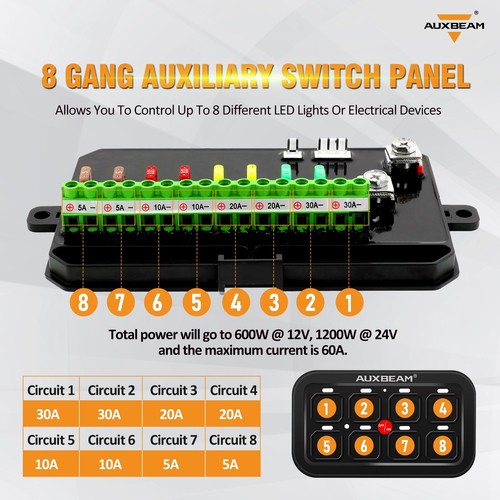 AUXBEAM 8 Gang Switch Panel LED Light Bar Control Circuit Kit Auto Marine 12/24V - Picture 5 of 12