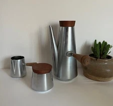 Vintage Mid Century Kalmar Italian Stainless Steel Teak Coffee Set