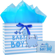 Baby Boy Gift Bag Blue Dinosaur Design with Tissue Paper and Greeting Card for B