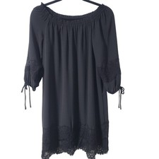 LOFT Women's Black Off the Shoulder 3/4 Sleeve Shift Dress Lace Hem Lined XS