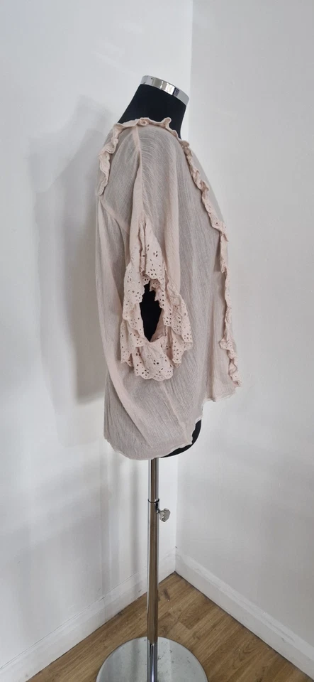 AllSaints Ruffle Blouse Size Medium Isa Frill Pale Pink Cotton Short Sleeves - Image 2 of 4