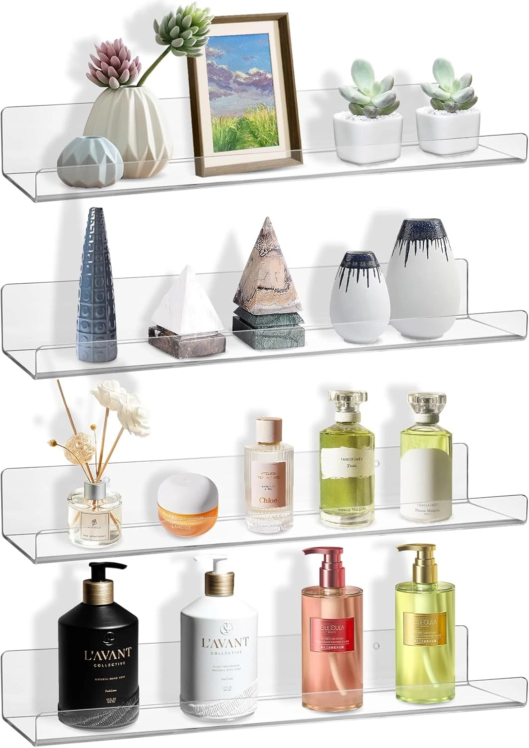 4 Pack Floating Shelves for Wall, 15" Acrylic Shelves for Room Decor, Book Shelf