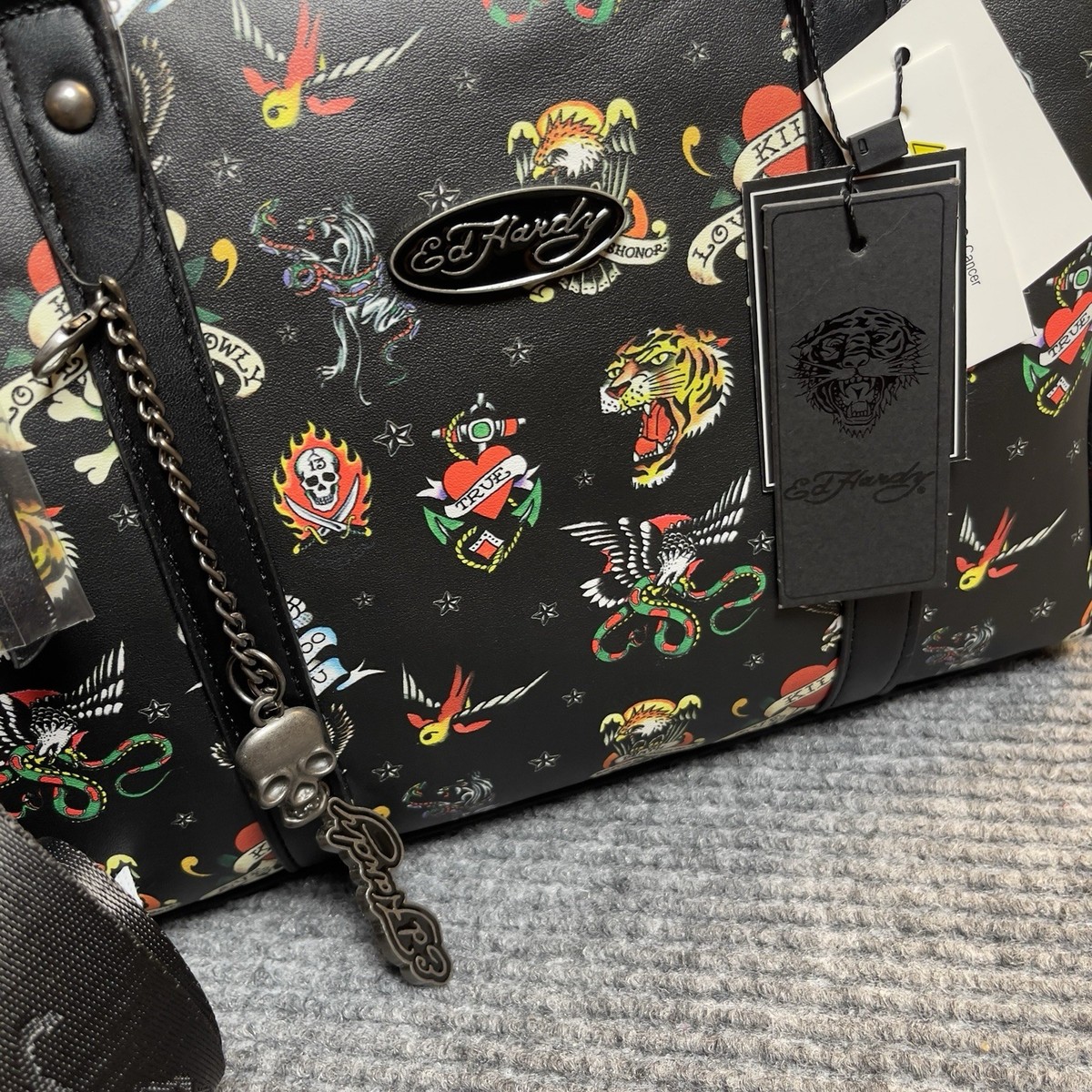 Ed Hardy Y2K Satchel Crossbody Purse Bag Heart Skull Charms Black