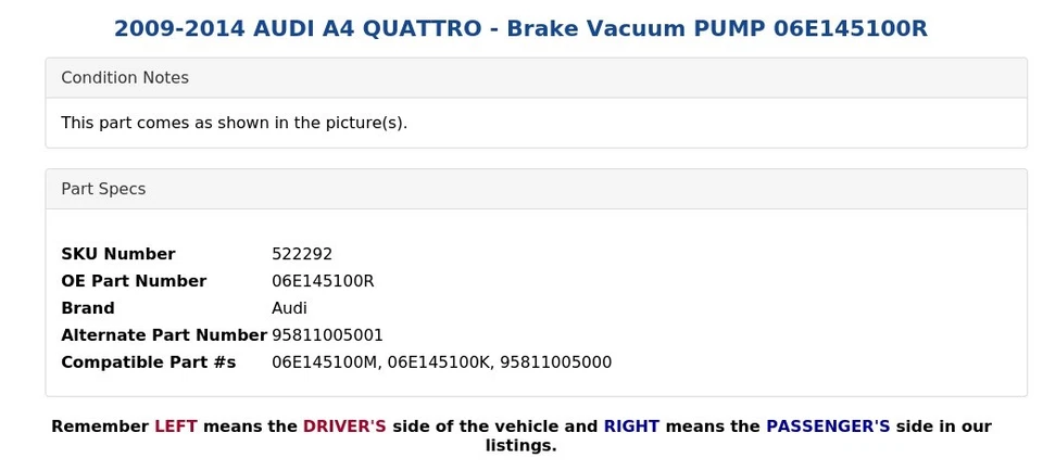 2009-2014 AUDI A4 QUATTRO - Brake Vacuum PUMP 06E145100R - Image 4 of 4