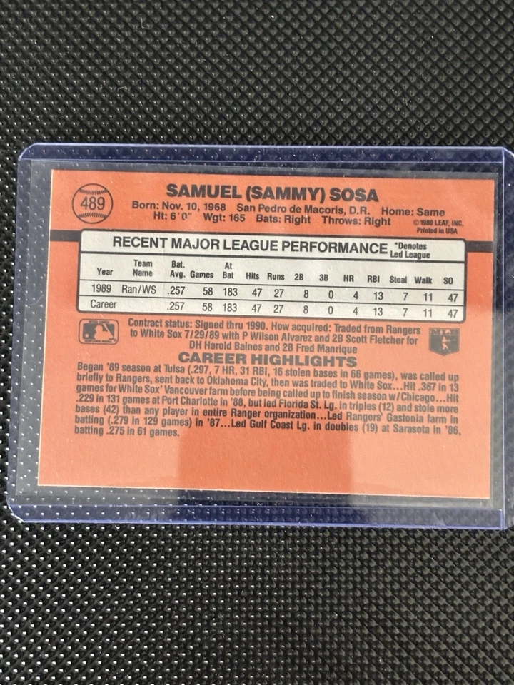 1990 Donruss Sammy Sosa Rookie❗️ERROR❗️CARD #489 - Wrong DOB. - Image 2 of 2