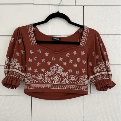 #ad Express Womens Sz S Cropped Embroidered Blouse Milkmaid Peasant Boho Cottagecore $34.99