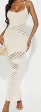 Ivory Crochet Knit Backless Strappy Bodycon Maxi Dress Scoop Neck Size S