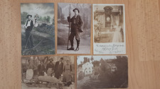Stare pocztówki 5 sztuk, m.in. rolnicy, kobieta ze szkłem z fartuchem