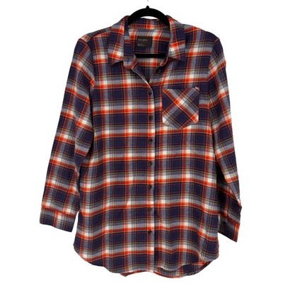 Free Press Women's Long Plaid Flannel Cotton Blend Button Up Shirt Size Small