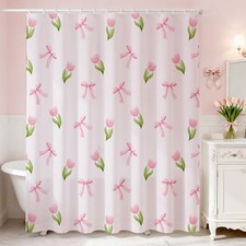 Pink Floral Shower Curtain for Bathroom Cute Flowers Bow Shower Curtain for P...