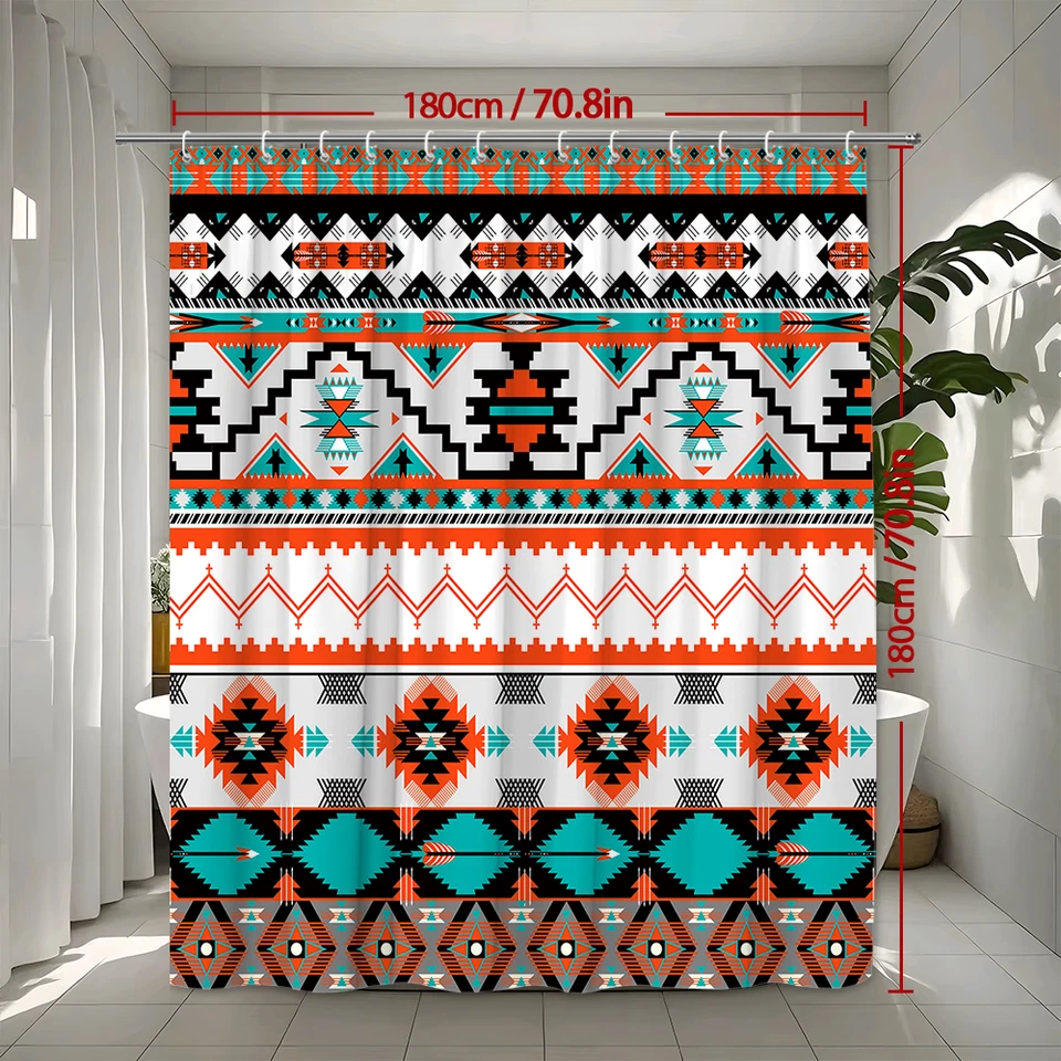 Cortina de Ducha Geométrica Navajo Tribal, Patrón de Pixeles Étnicos del Suroeste Foto 3 de 4