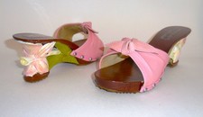 Size 6, 3 inches Painted Hand Carved Hibiscus Sandals with Pink Leather Straps