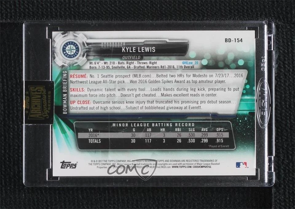 2021 Archives Signature Series /90 Kyle Lewis (2017 Bowman Draft) Buyback Auto - Image 2 of 2