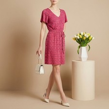 LOFT Red and Blue Ikat Geo Print V-Neck Flutter Sleeve Wrap-Style Dress #1022