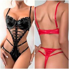 Women PU Leather Leotard Nightwear Wet Look Lingerie Hollow Out Straps Bodysuit