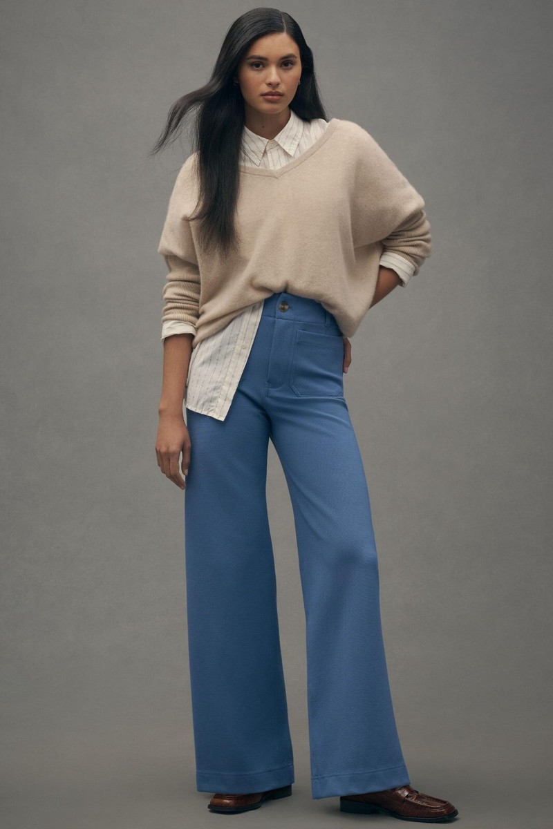 Anthropologie Colette Full Length Pants Wide Leg Maeve Knit Blue
