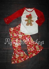NEW Boutique Gingerbread Girls Bell Bottoms Christmas Outfit Set
