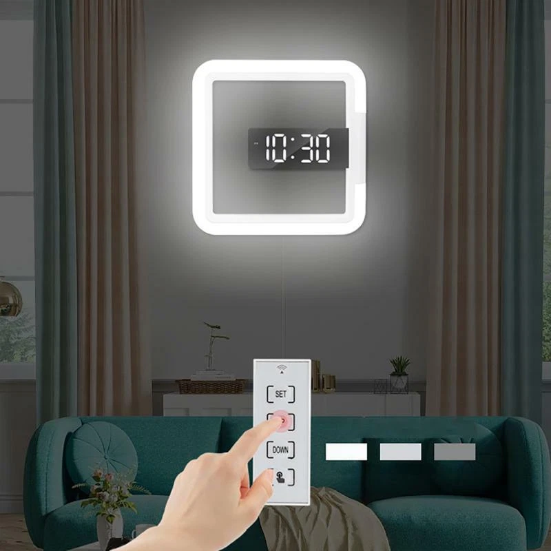 Square Digital Wall Clock Hollow Mirror LED Light with Temp Clock Hang  Clocks