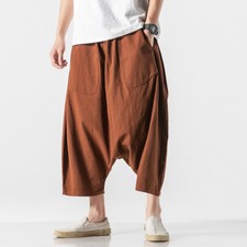 Summer Wide Leg Pants Men's Cotton Linen Shorts Casual Loose Low Crotch Baggy SZ