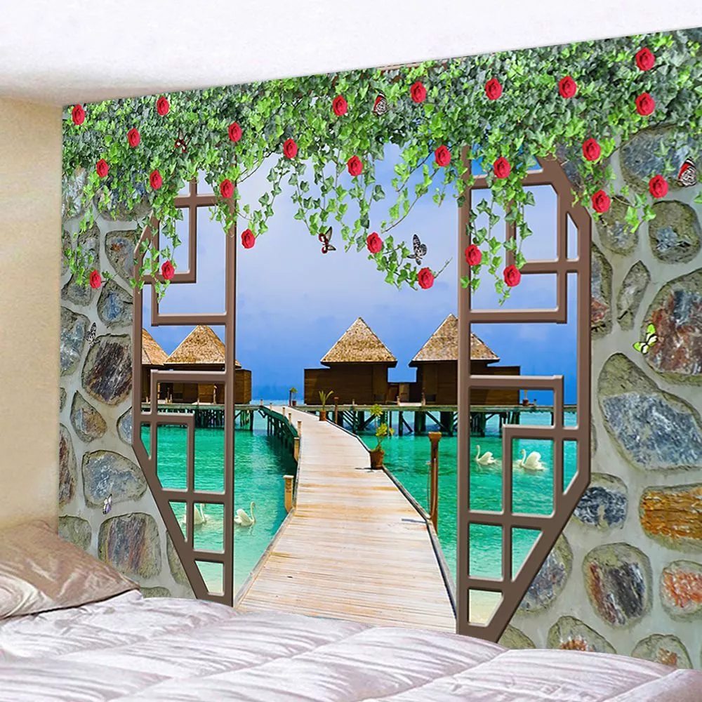 Sea Beach Window Tapestry Wall Hanging