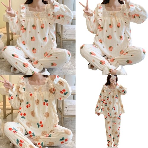 Women Winter Pajamas 2Pcs Square neck Top and Pants Set Floral Flannel Sleepwear - Picture 3 of 28