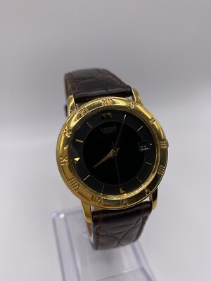 Citizen Quartz Men's Black Date Dial Leather Band Watch New Batt