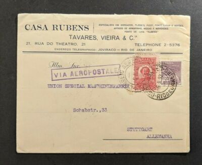 1932 Casa Rubens Tavares Rio De Janeiro Brazil Airmail Cover Stuttgart Germany
