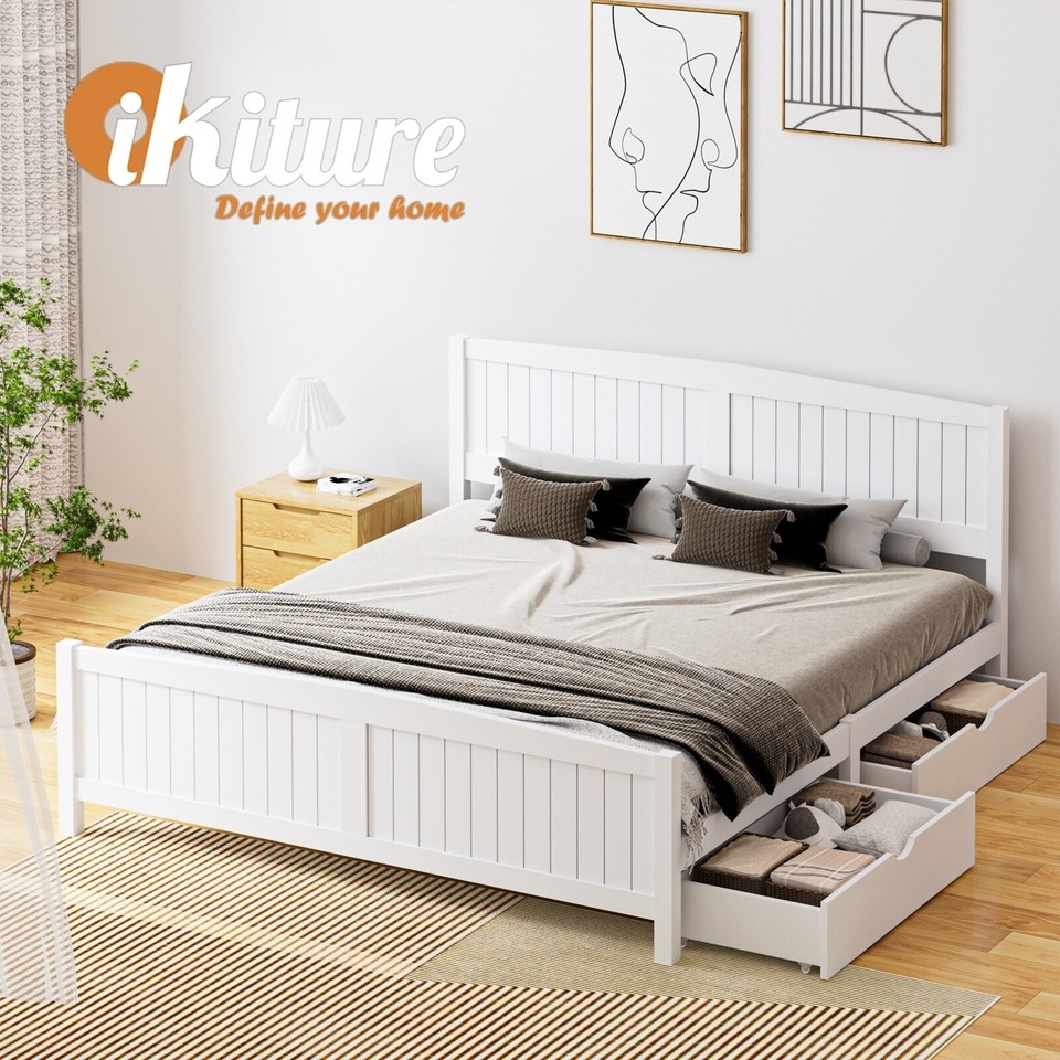 Wooden Bed Frame Quenn Double King Single Base with Drawers White META