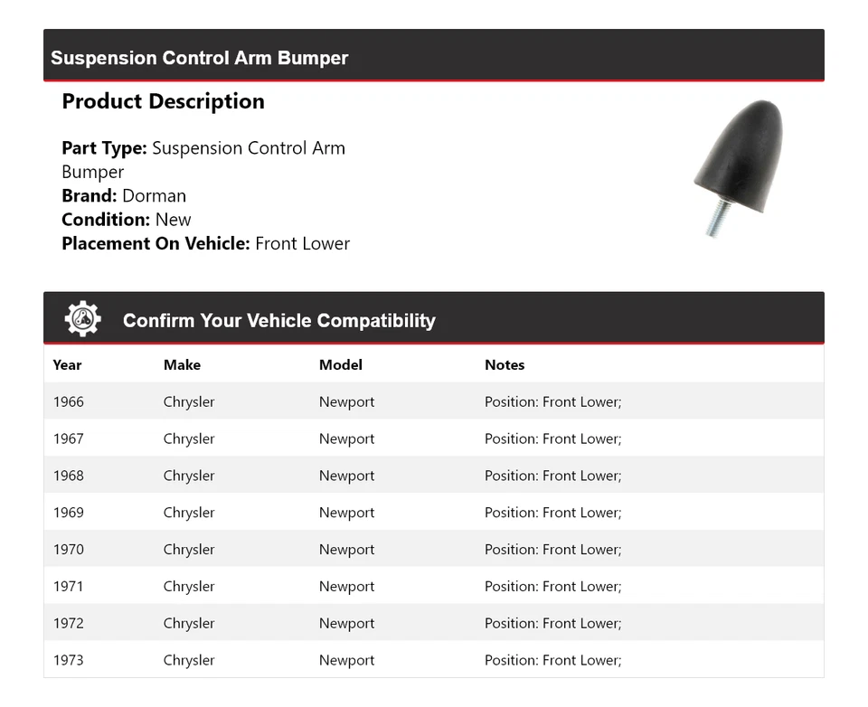 For 1966-1973 Chrysler Newport Dorman Suspension Control Arm Bumper Front Lower - Image 2 of 4