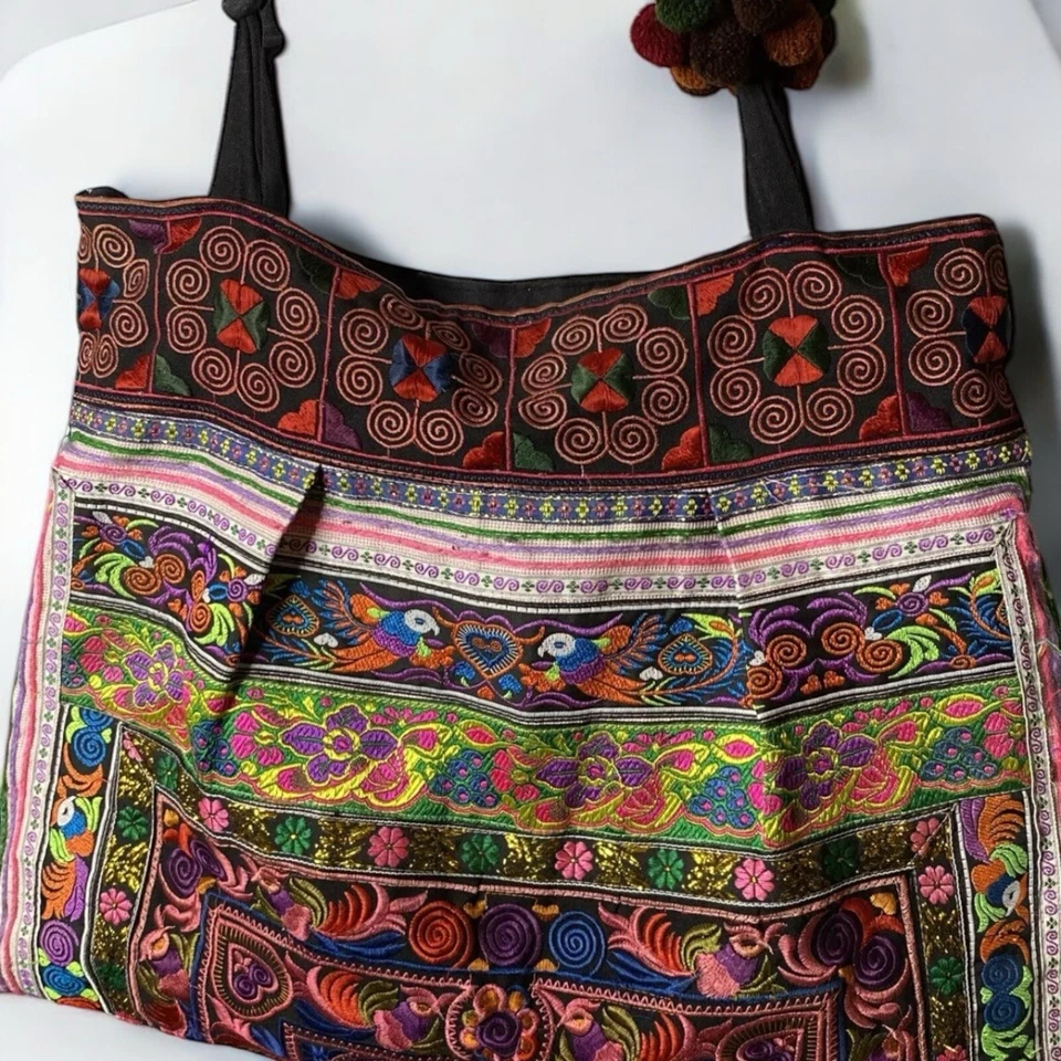 Bolso de Mano Grande Étnico Bordado Thai Hmong Hecho a Mano Tailandia Boho Foto 2 de 4