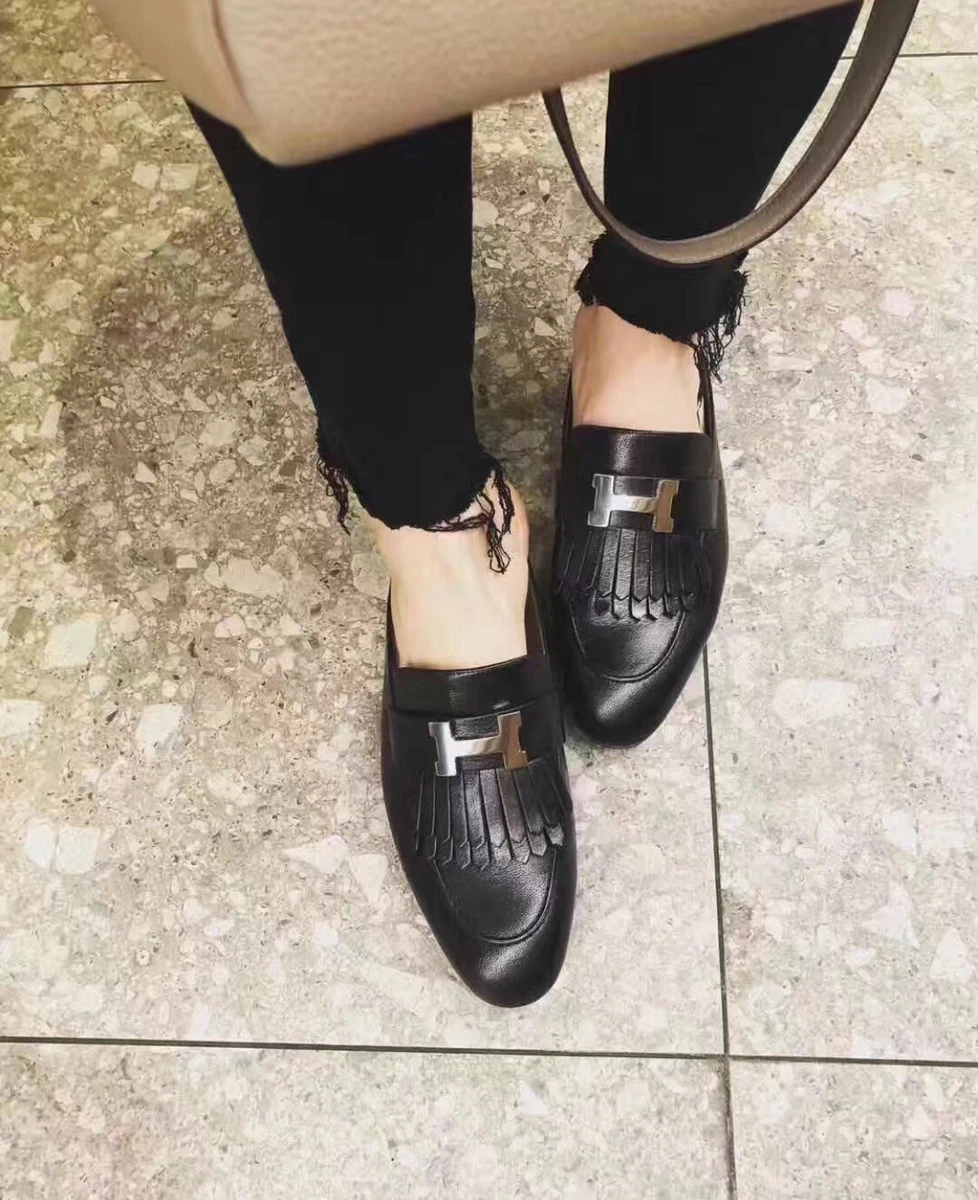 Authentic NWT Hermes Rivoli black leather H mules slip on slides size 36.5