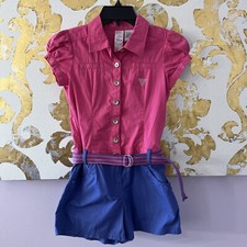 Guess Size 10 Vintage Pink And Blue Kids Romper With Belt And Pockets