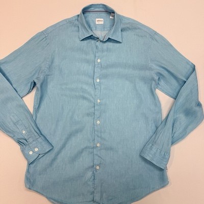 Giorgio Armani Collezioni Linen Shirt Button Down Mens Large Aqua Long Sleeve