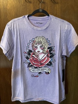 Ed Hardy T-Shirt Womens Size Large Purple California Rose Graphics Y2K NWT Top