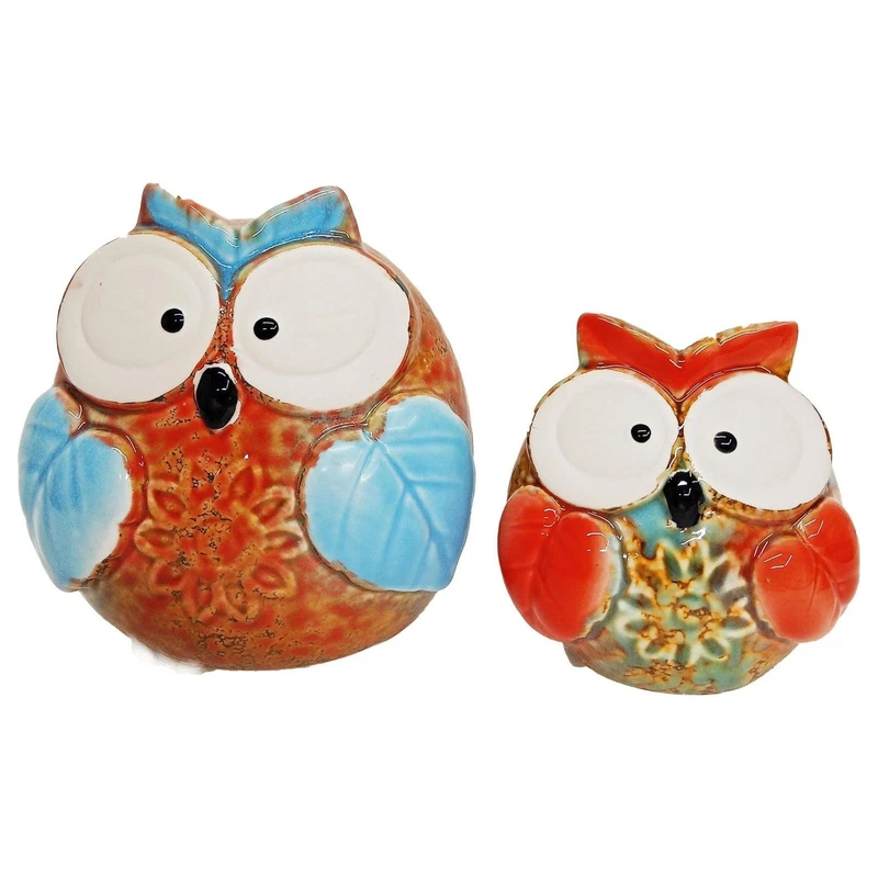 Set 2 Gufi in Ceramica Colorata 13x9,5x14,5 cm Soprammobile Statuetta, fotografia 2 di 9