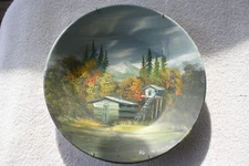 12” Gold Mining Pan Hand Painted Signed Snowy Mountain Cabin Folk Art Vtg