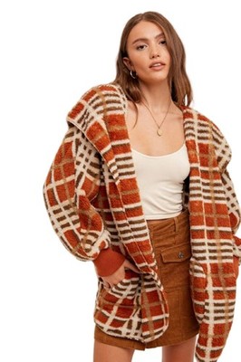 Hem & Thread Multi Color Plaid Oversized Fuzzy Hooded Jacket 19378C
