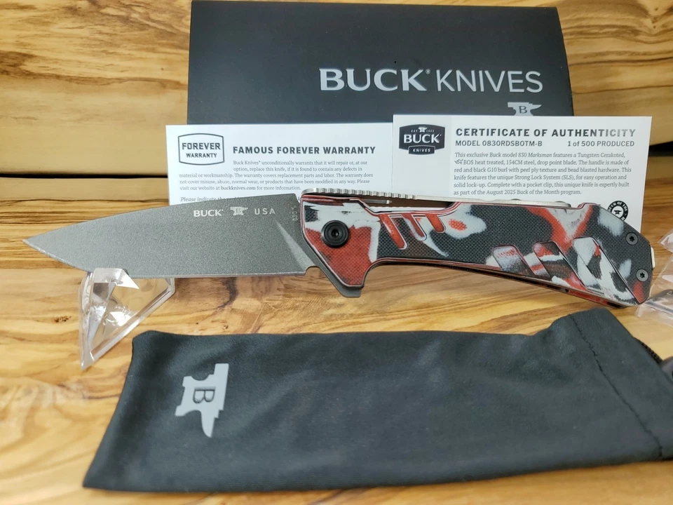 Buck August 2025 BOTM Marksman Red/Black G10 Burl & Cerakote 154CM Folding Knife - Image 2 of 4