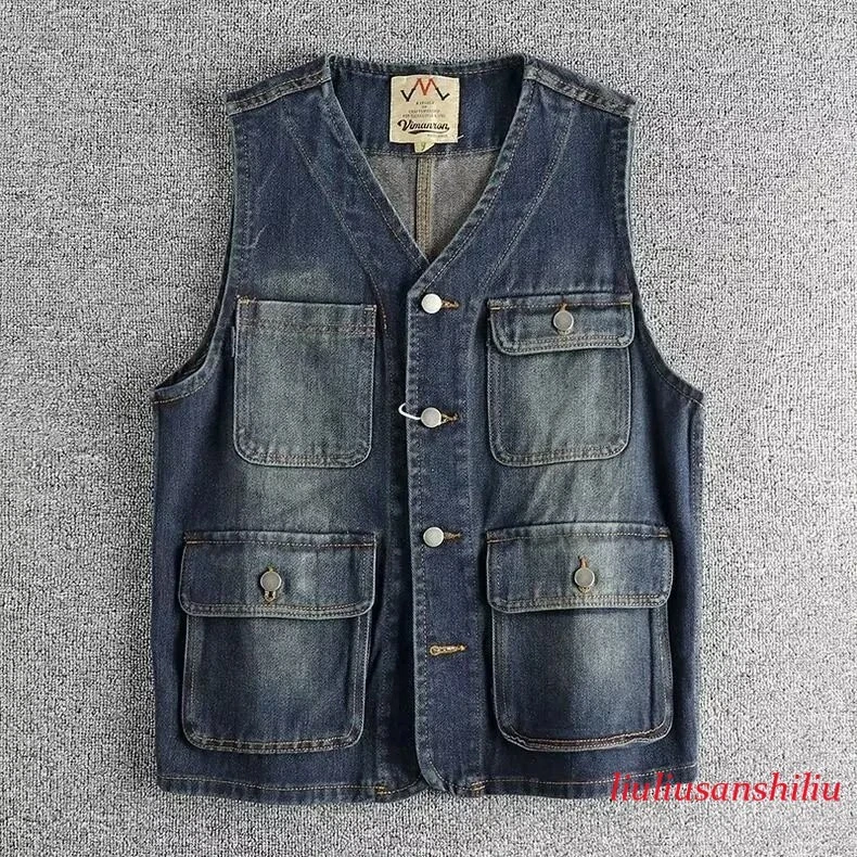 Men's Vintage Blue Denim Vest Multi Pocket Casual Workwear Coat Cotton Blend