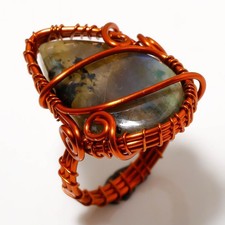 Blue Fire Labradorite Gemstone Handmade Wire Wrap Copper Jewelry Ring 8" PG 607