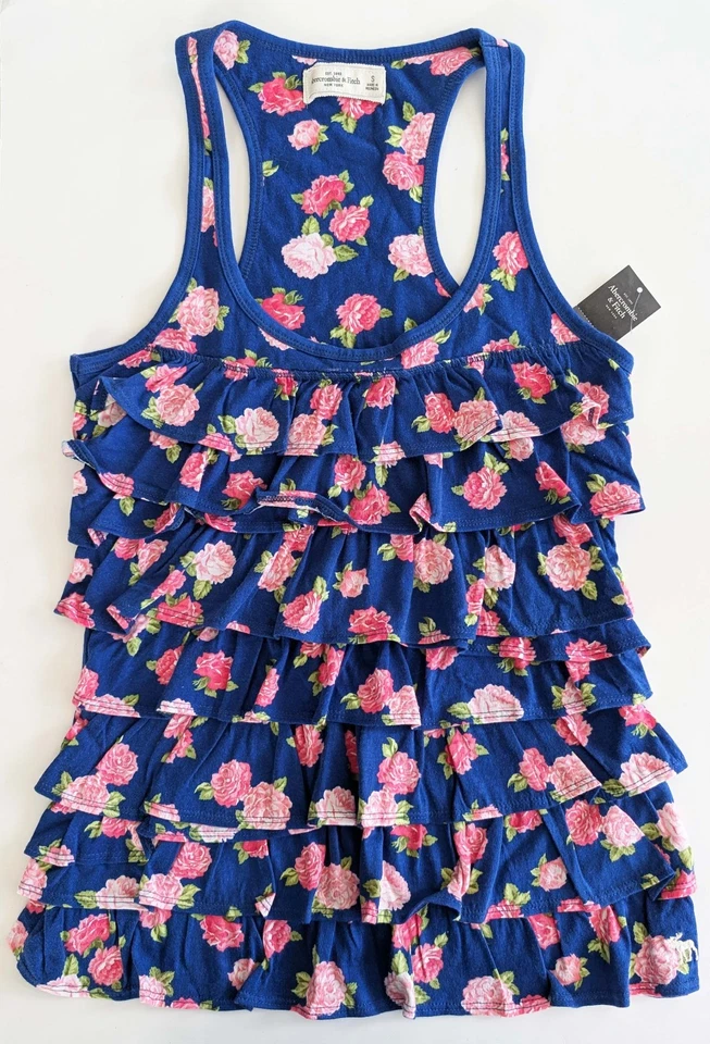 Nueva con etiquetas Camiseta sin mangas azul con volantes florales con volantes espalda deportiva Abercrombie & Fitch para mujer talla S Foto 2 de 4