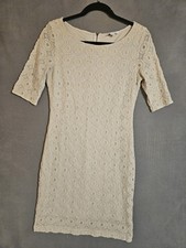 Banana Republic Womens 6 Midi Dress Croquet Cream Lace Pencil Half Sleeve Office