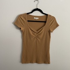 Madewell Women XXS Toffee Casual 80s Short Sleeve Ruched Ribbed Sweetheart Tee