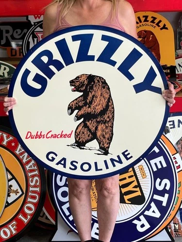 Vintage Old Style Sign Grizzly Gasoline NOT Porcelain Made in USA 30x30