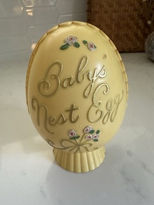 Vintage Baby s Nest Egg Plastic Coin Bank Yellow Easter Egg Bank Nursery Decor