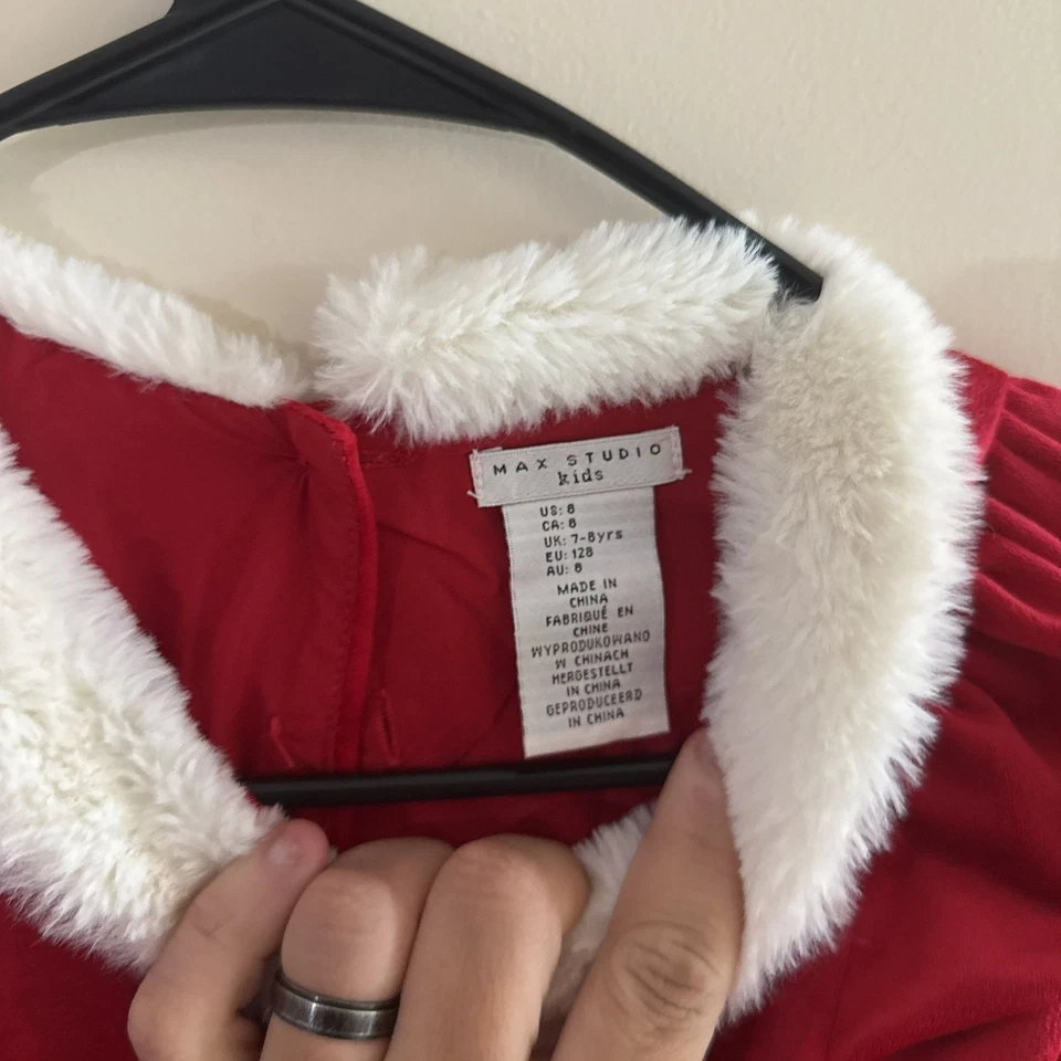 Vestido navideño de terciopelo rojo con cuello de piel sintética talla 8 para niñas Foto 3 de 4